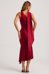 Asymmetric Scarf-Detail Midaxi Dress in True Red