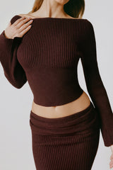 Ribbed-Knit Slash-Neck Top in Espresso