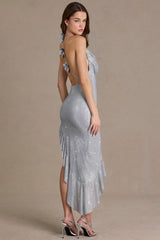 Embellished Plunge Asymmetric Maxi Dress in Silver
