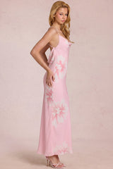 Chiffon Maxi Dress in Pink Floral Print