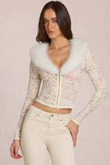 Lace Faux-Fur-Trim Cardigan in Ivory
