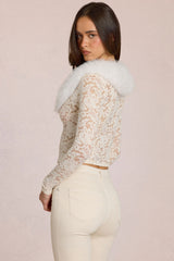 Lace Faux-Fur-Trim Cardigan in Ivory