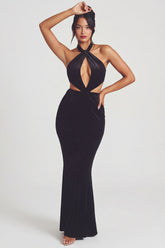 Velvet Halter Neck Maxi Dress in Jet Black