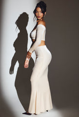 Velvet Off-Shoulder Ruched Crop Top in Ivory