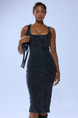 GRUNGY ATTITUDE DENIM MIDI DRESS WITH RHINESTONES