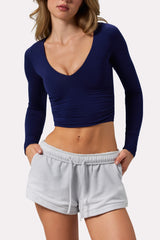Ruched Long-Sleeve Crop Top in Navy
