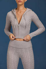 Cable Knit Zip-Up Hoodie in Grey Marl
