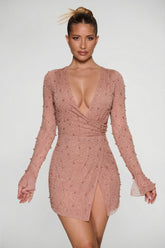 Embellished Wrap Over A-Line Mini Dress in Beige
