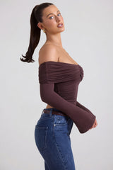 Modal-Cashmere Blend Off-Shoulder Ruched Top in Espresso