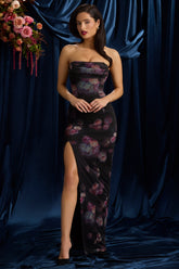 Bandeau Cowl-Neck Maxi Dress in Black Floral Print