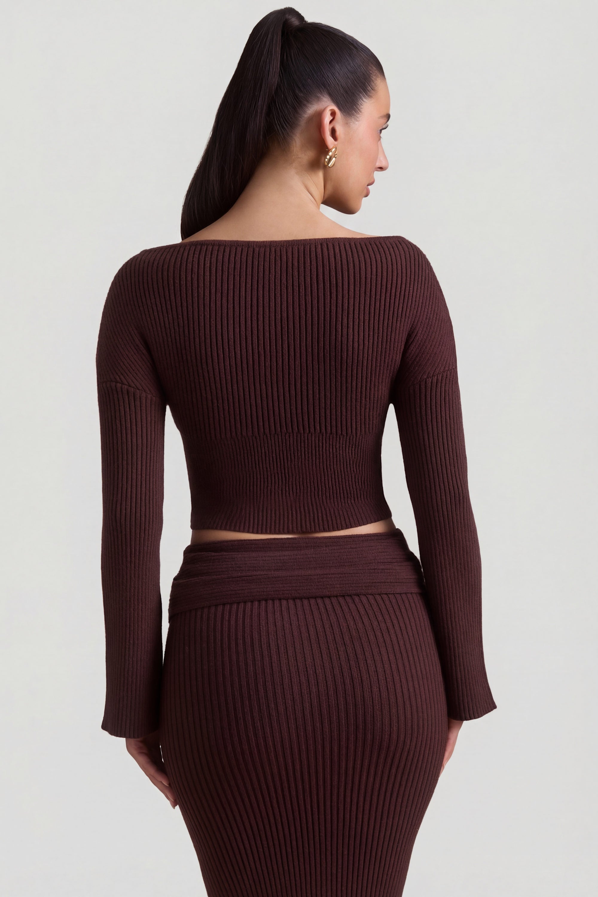 Ribbed-Knit Slash-Neck Top in Espresso