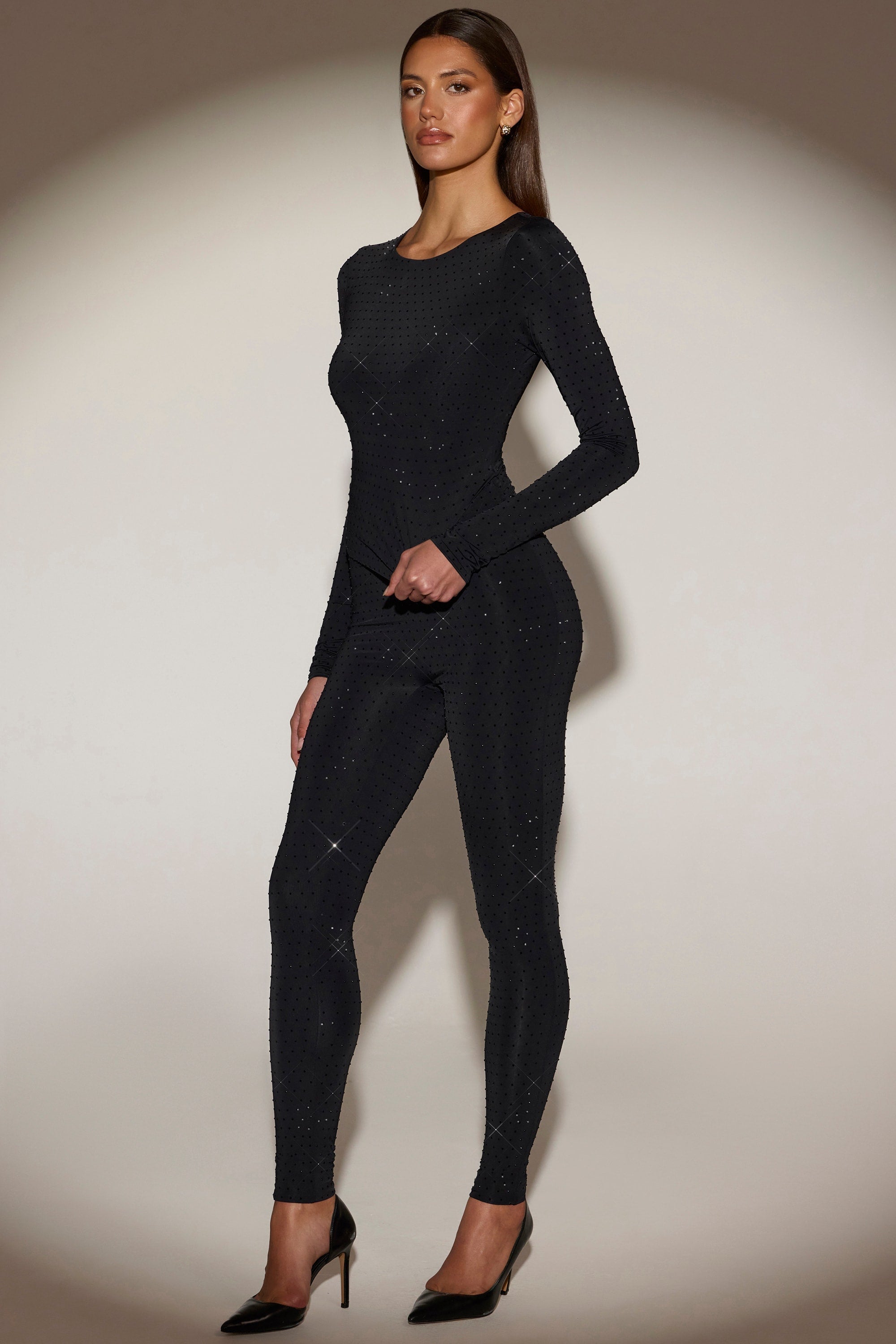 Embellished Crew-Neck Long-Sleeve Top in Black