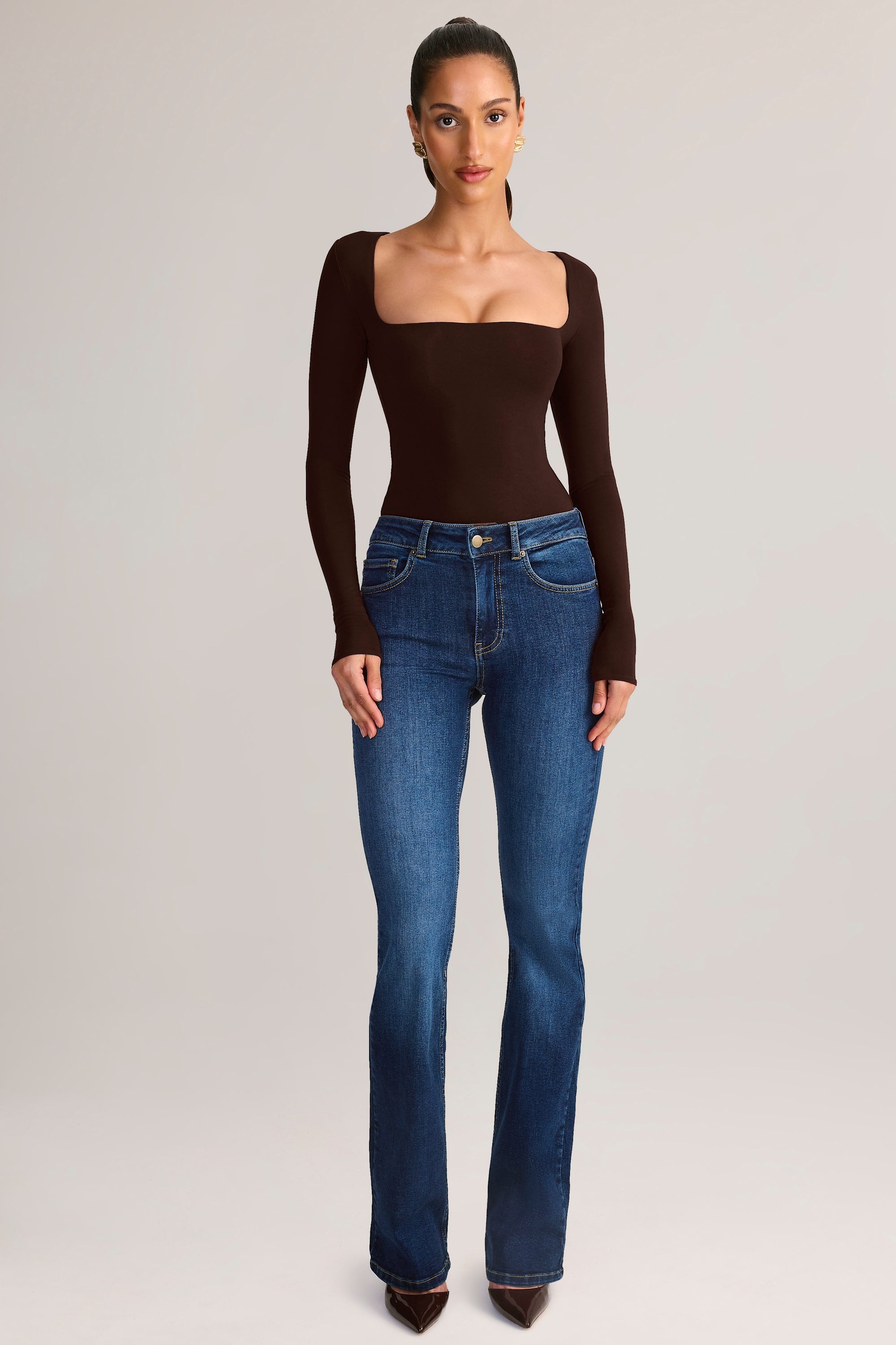 Modal Square-Neck Long-Sleeve Top in Chocolate Brown