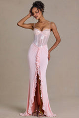 Embellished Lace Corset Gown in Baby Pink