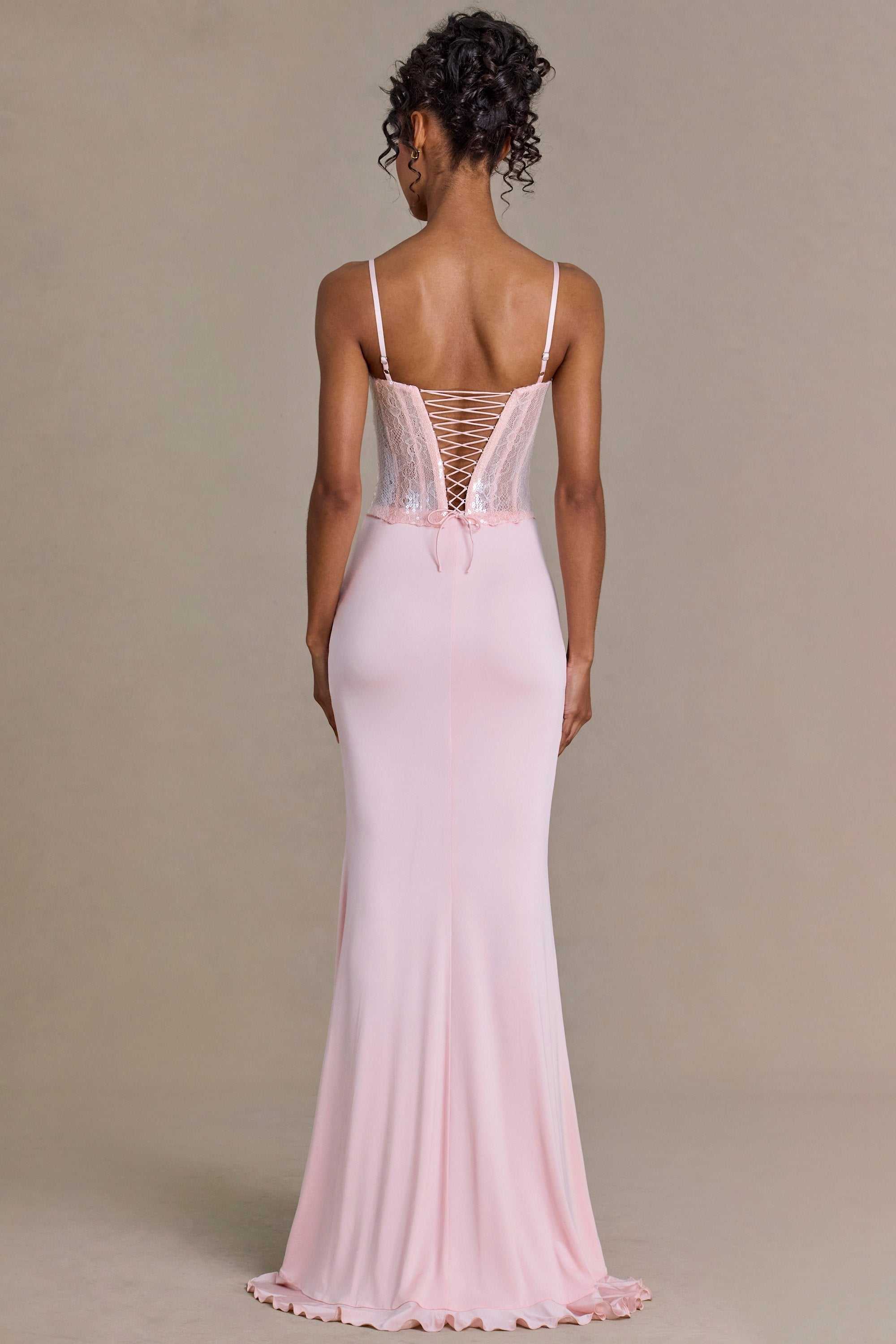 Embellished Lace Corset Gown in Baby Pink