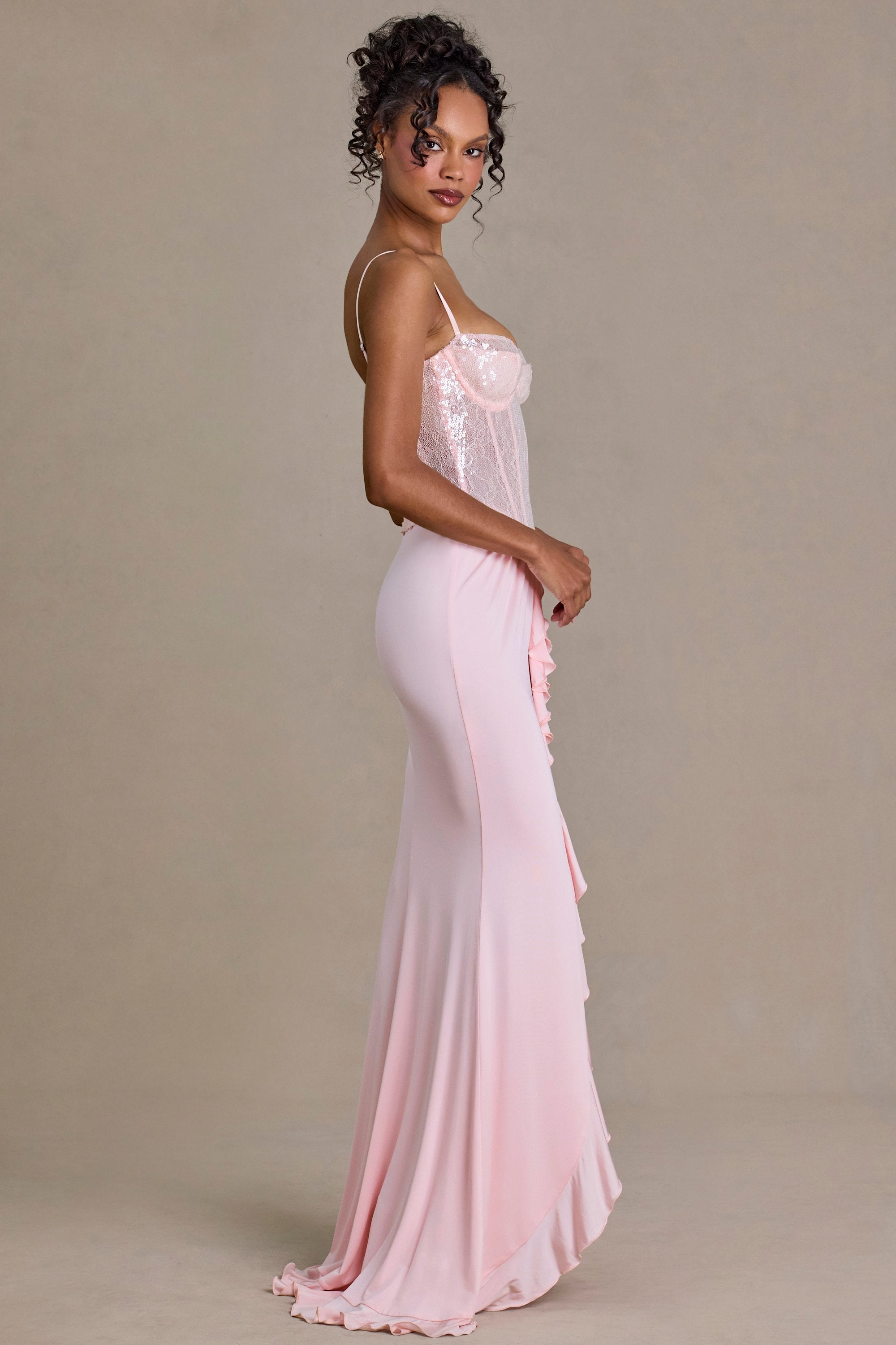 Embellished Lace Corset Gown in Baby Pink