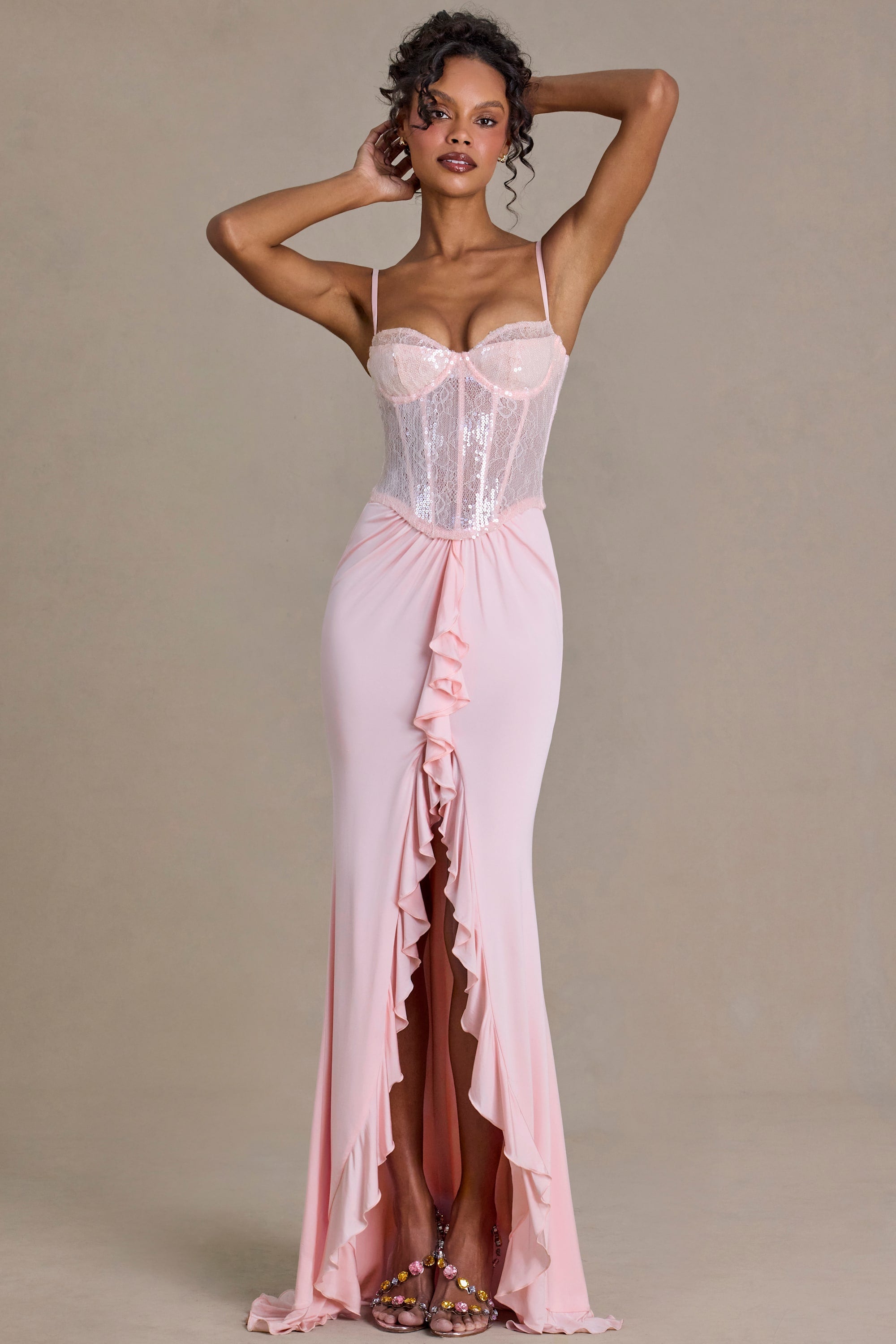 Embellished Lace Corset Gown in Baby Pink