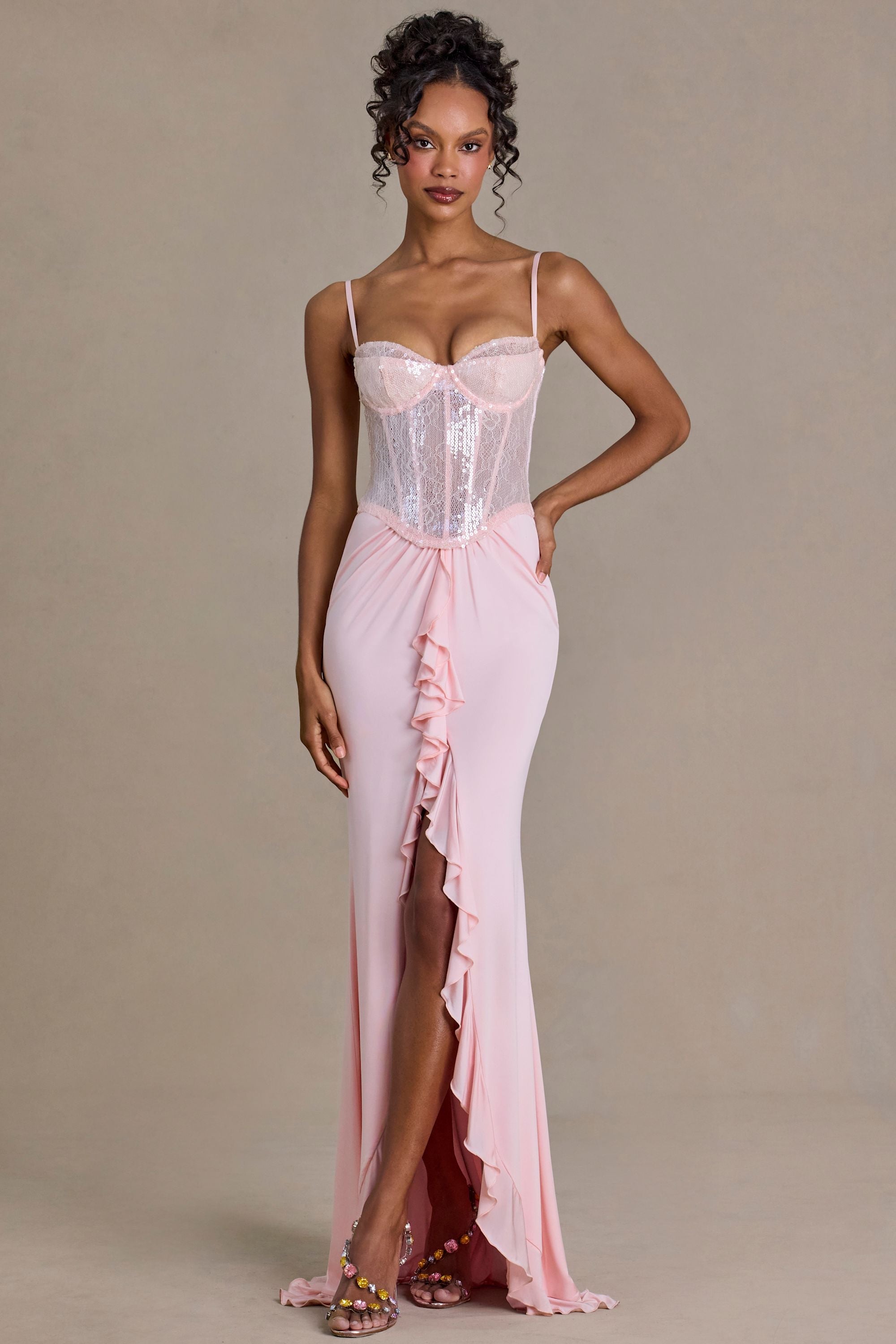 Embellished Lace Corset Gown in Baby Pink