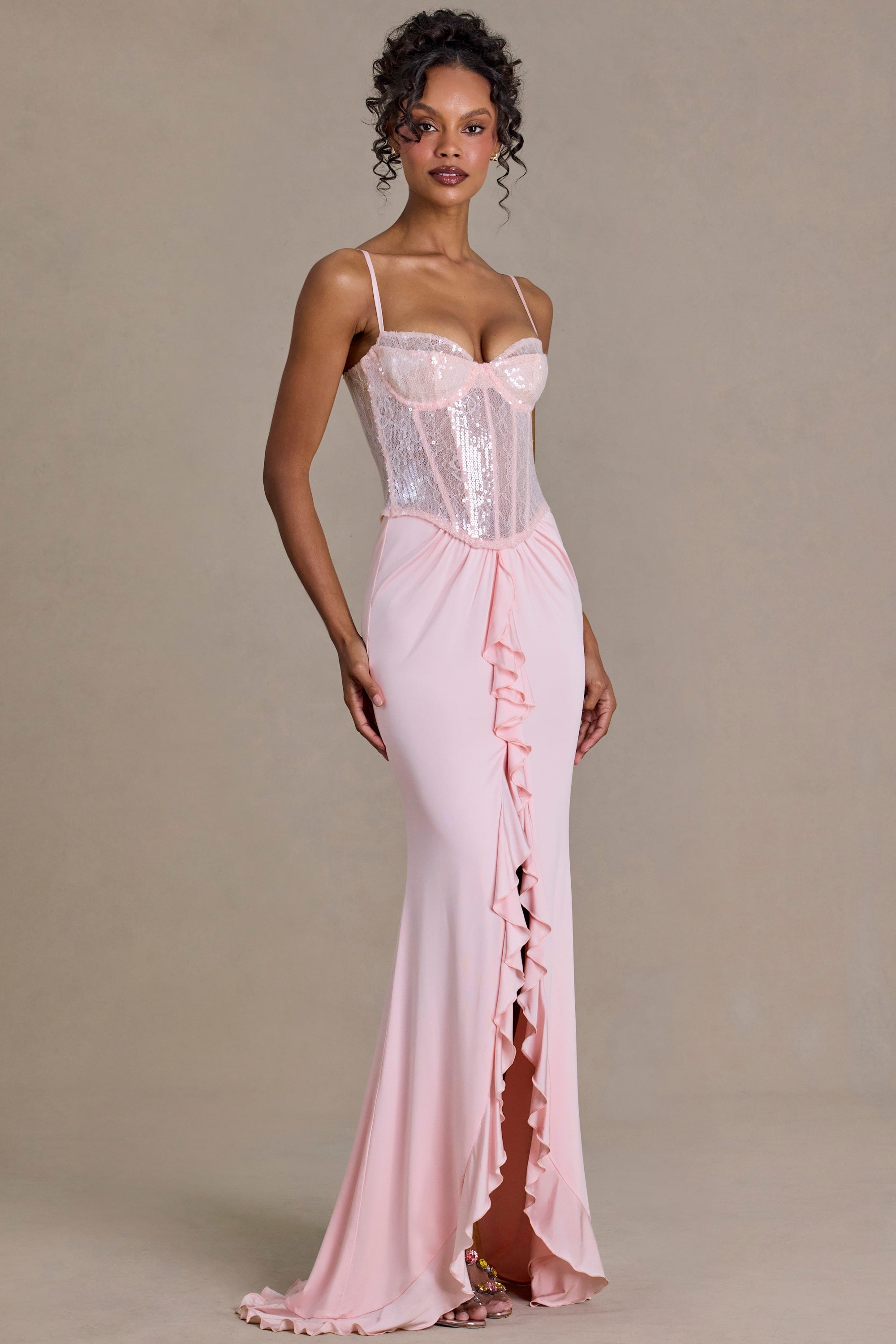 Embellished Lace Corset Gown in Baby Pink