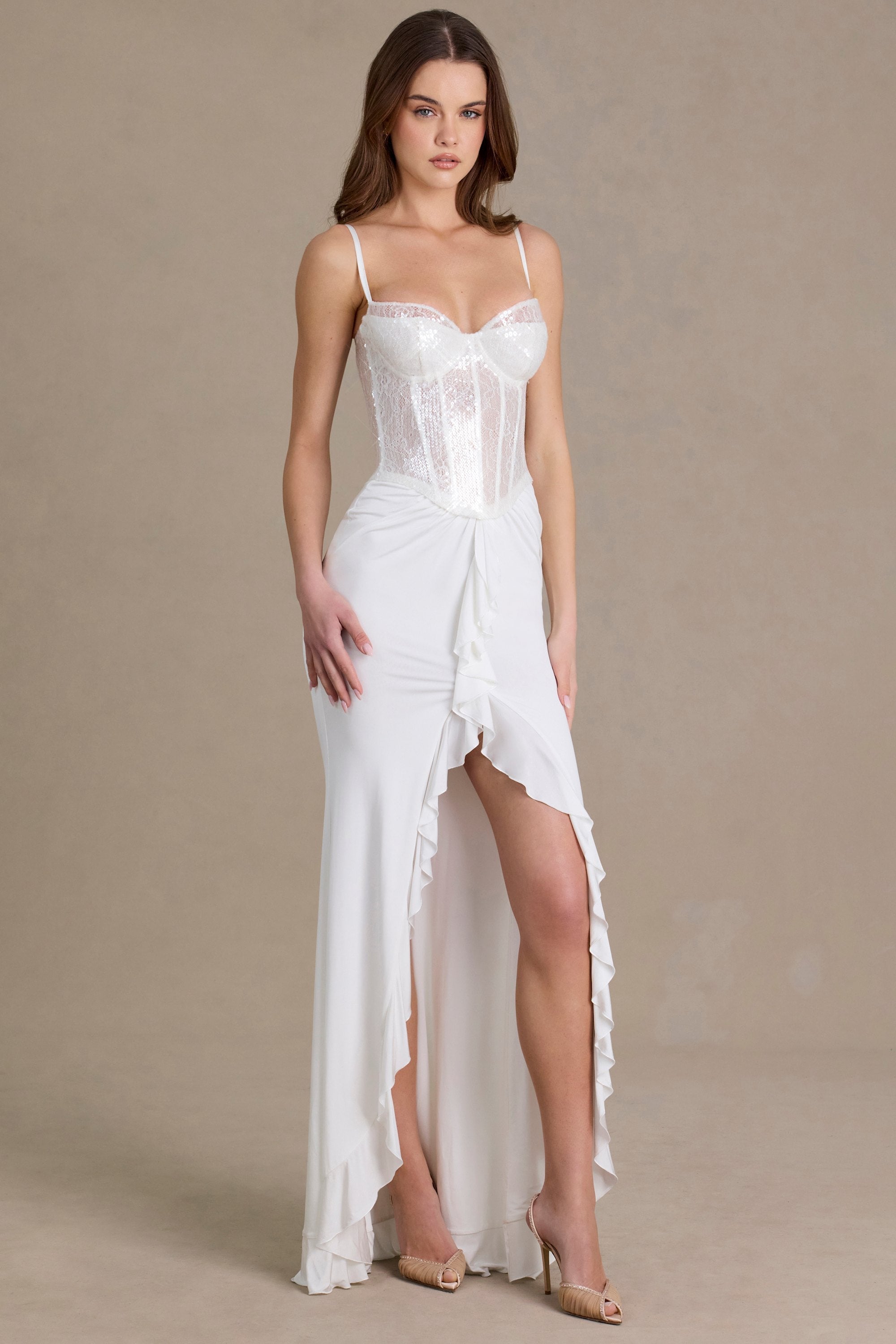 Embellished Lace Corset Gown in White
