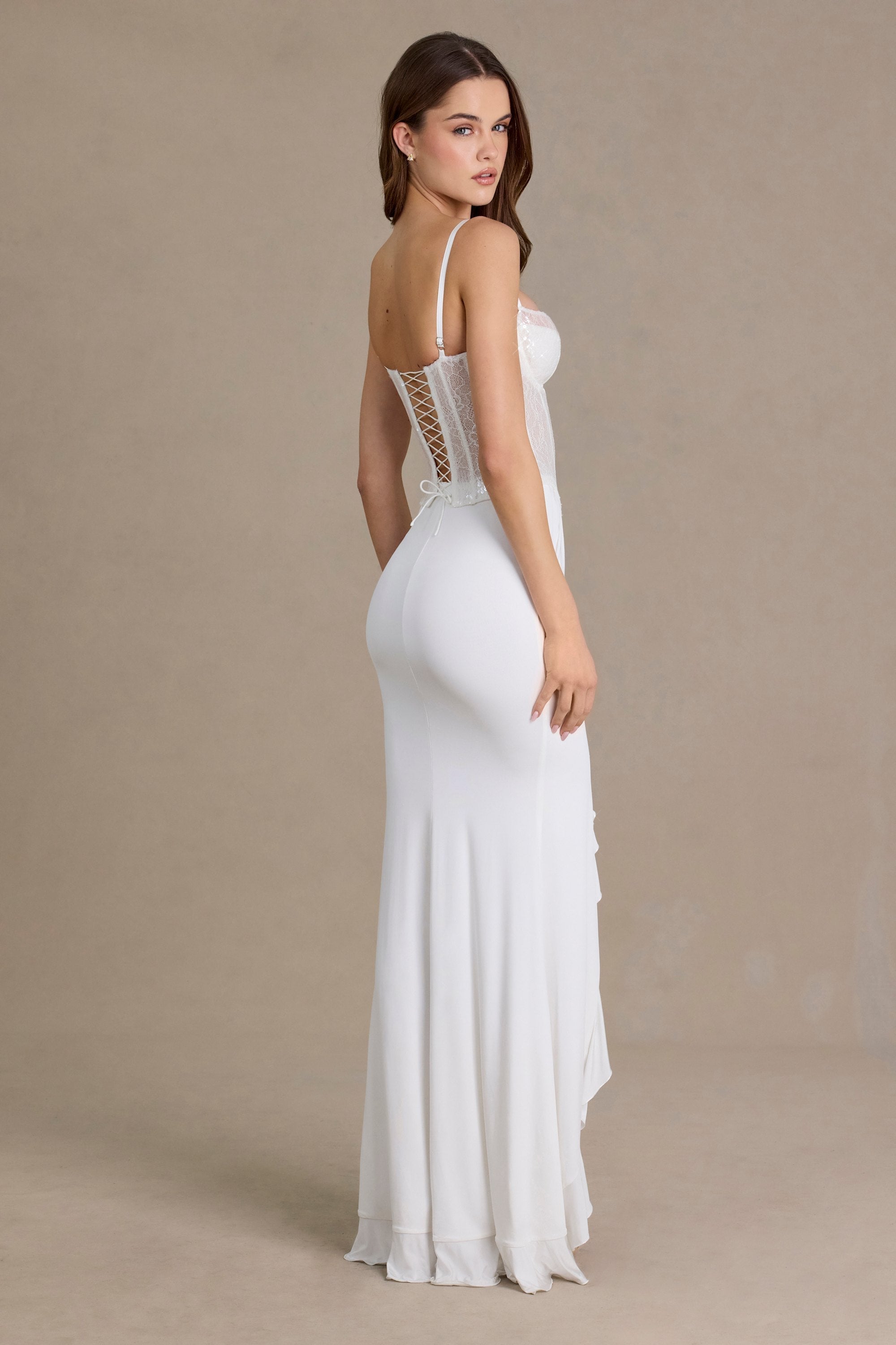 Embellished Lace Corset Gown in White