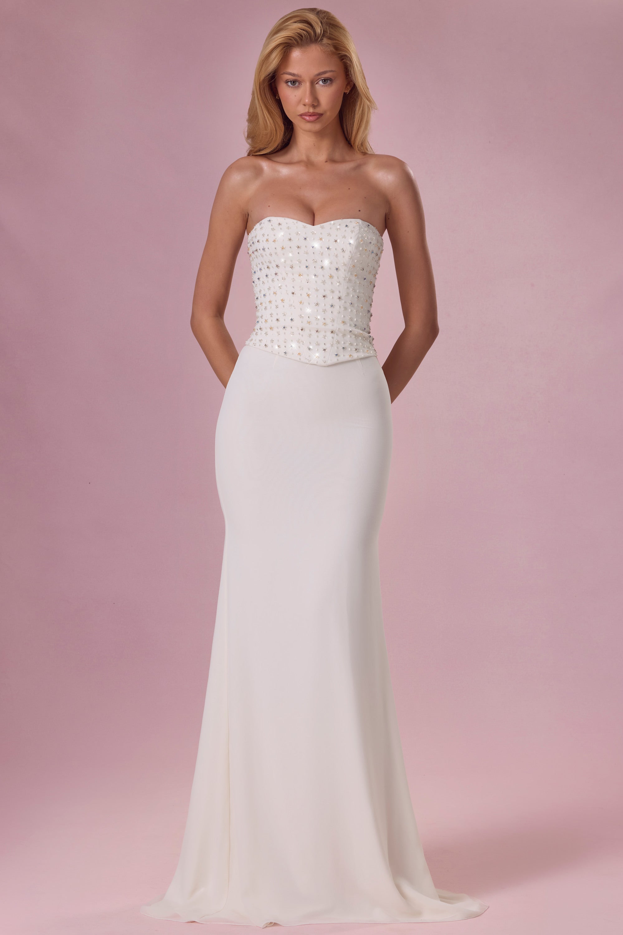 Embellished Corset Strapless Gown in Ivory