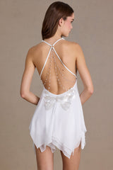 Chiffon Plunge-Neck Open-Back Mini Dress in White