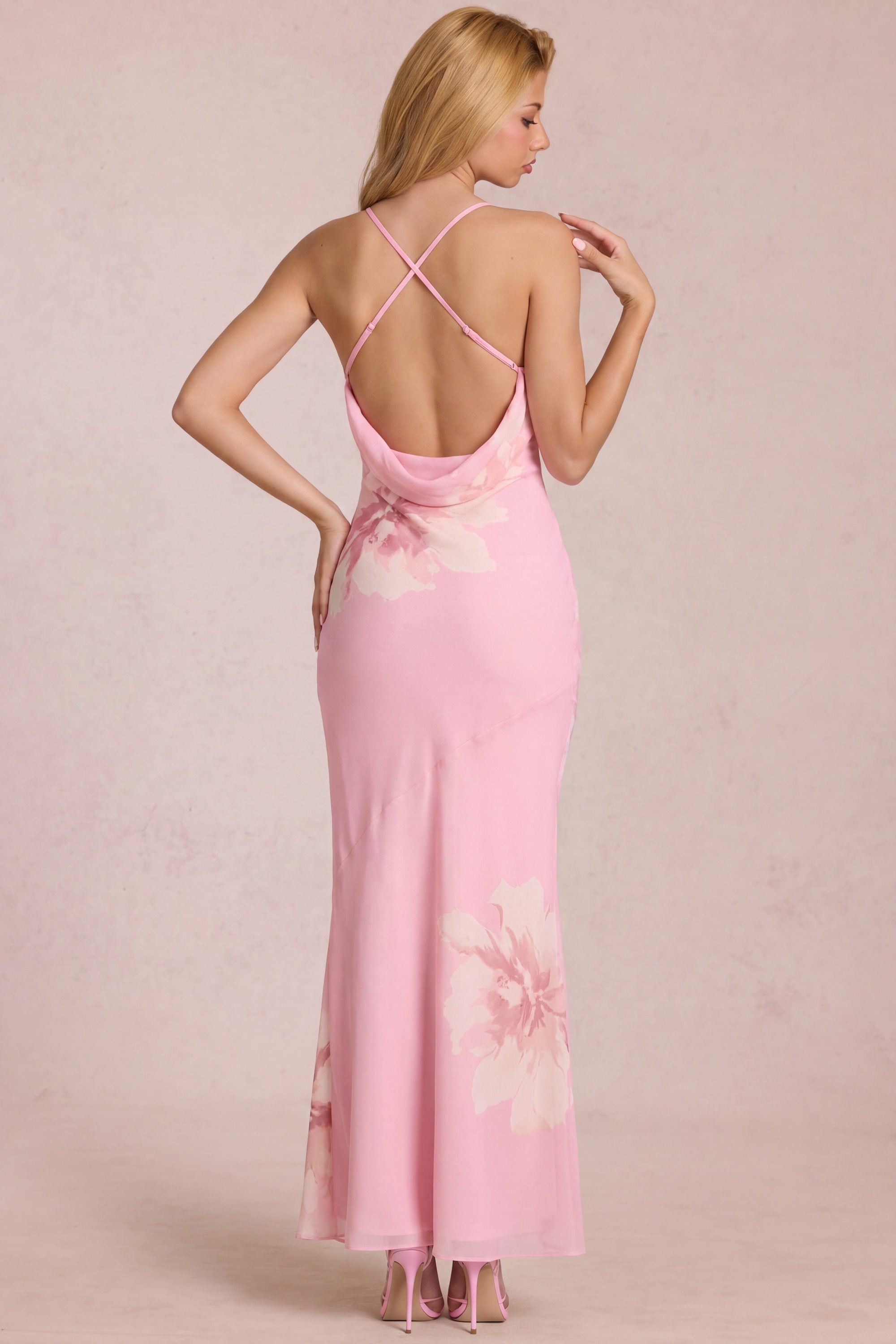 Chiffon Maxi Dress in Pink Floral Print