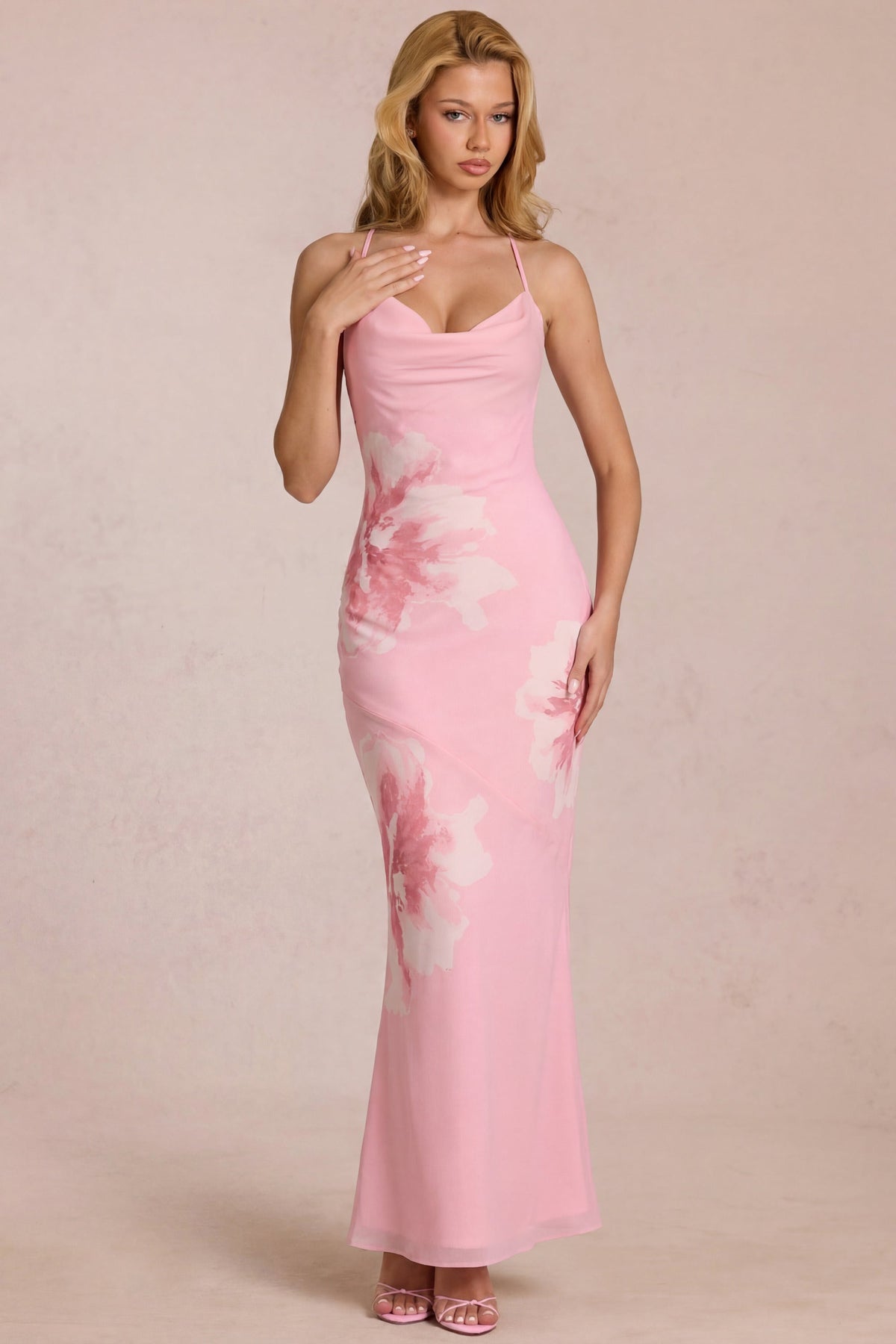 Chiffon Maxi Dress in Pink Floral Print