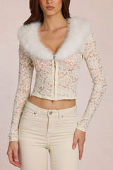Lace Faux-Fur-Trim Cardigan in Ivory