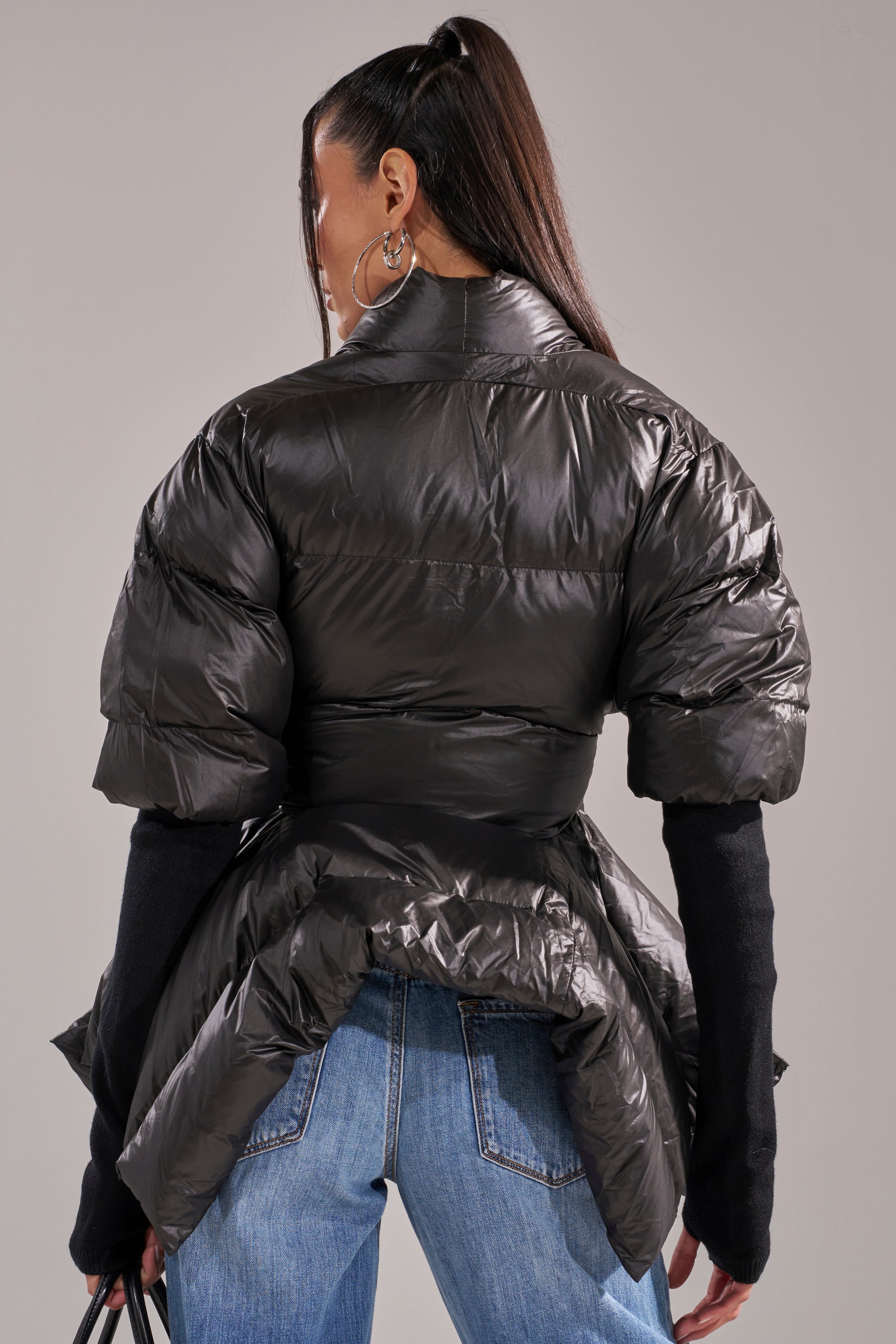A STEP AHEAD LONG RIBBED SLEEVE PEPLUM PUFFER COAT