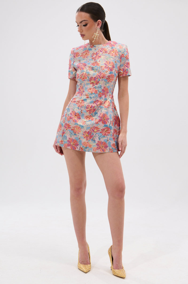 PRETTY IN PINK BROCADE BEADED MINI DRESS