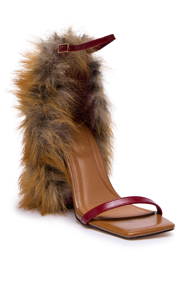 AZALEA WANG ARETTE RED FOX FUR CHUNKY HEEL STRAP SANDAL