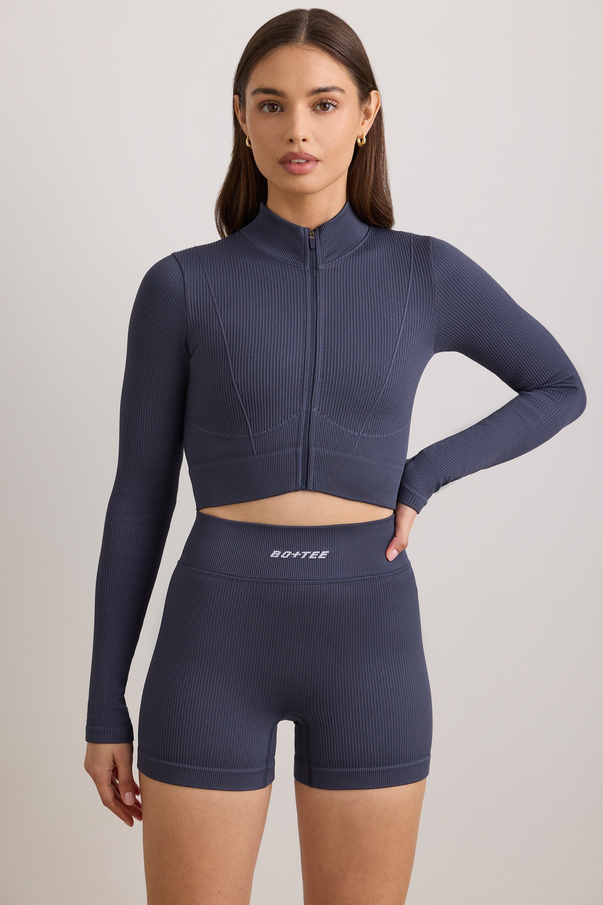 FlexiRib Zip-Up Cropped Jacket in Indigo Slate