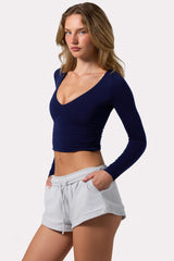 Ruched Long-Sleeve Crop Top in Navy