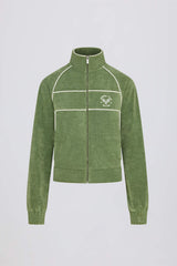 Terry Towelling Zip-Up Cropped Sweatshirt in Jade