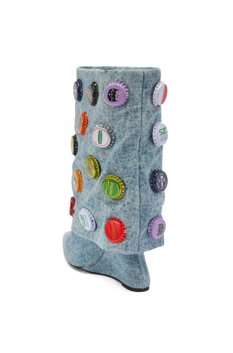 AZALEA WANG EAVEN WEDGE EMBELLISHED DENIM BOOTIE