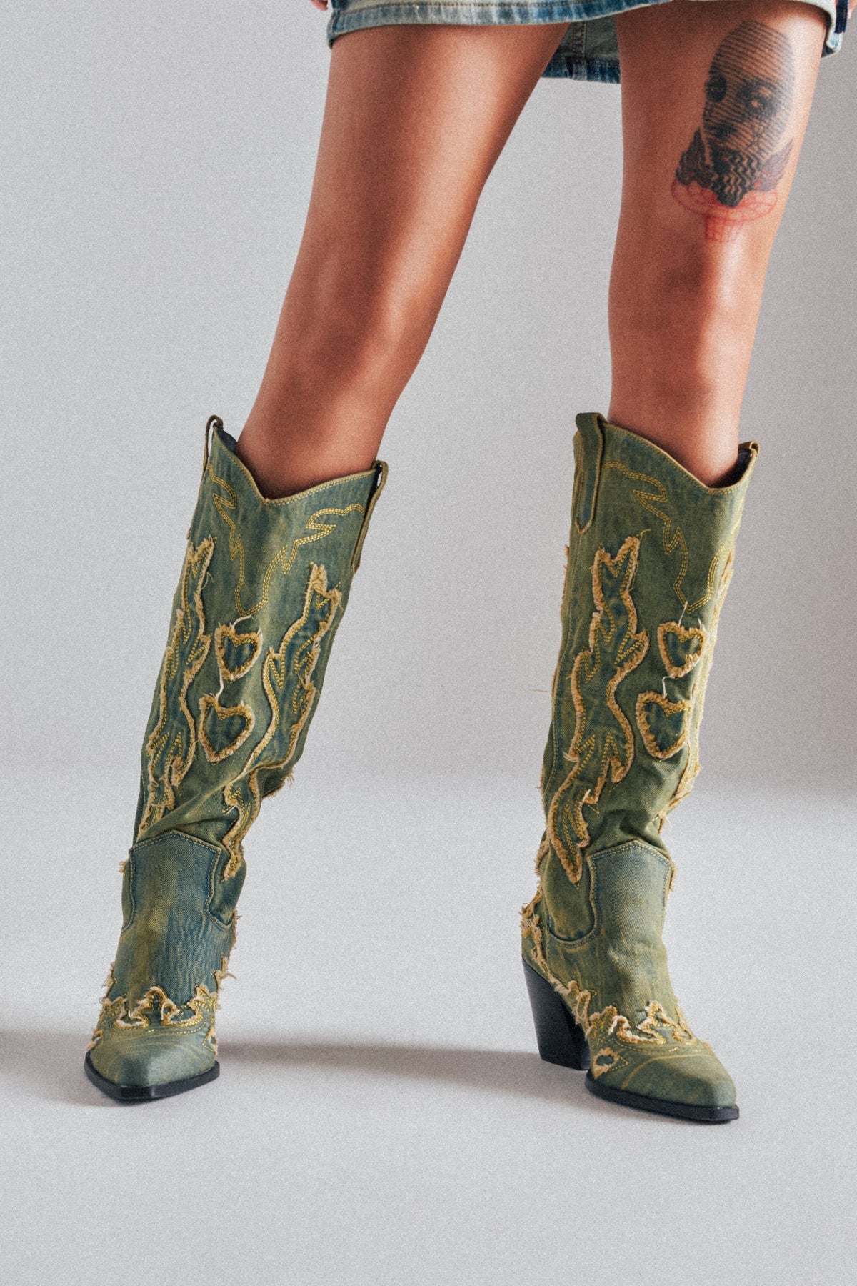 AZALEA WANG HEINRICH DENIM WESTERN LOW HEEL BOOT