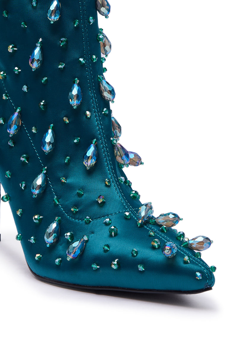AZALEA WANG IZIDOR TEAL EMBELLISHED RHINESTONE BOOTIE