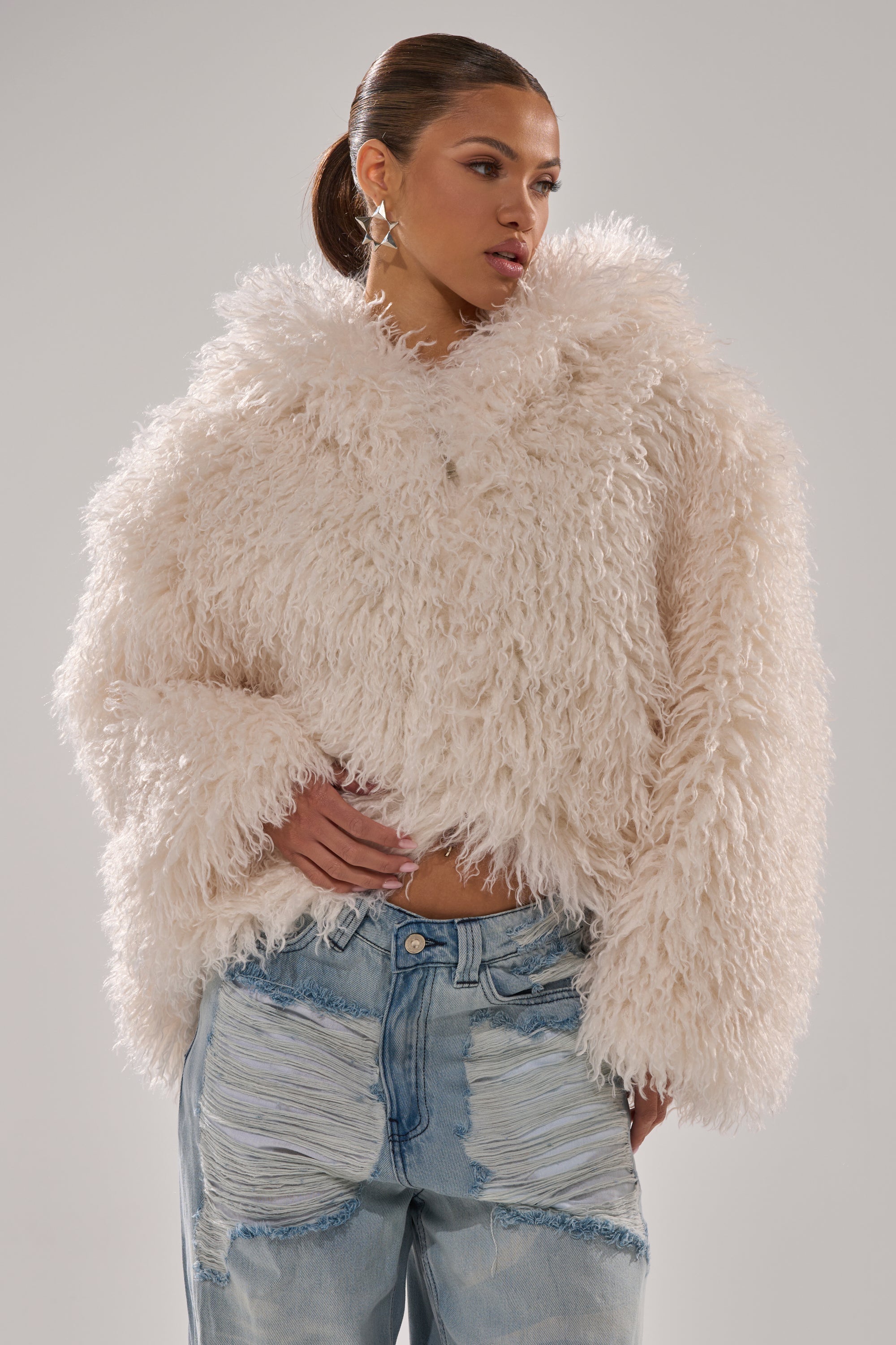 LOOK AT ME NOW HOODED FUR BOMBER IN IVORY