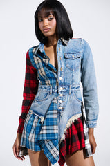 PATCHWORK PLAID DENIM MINI DRESS