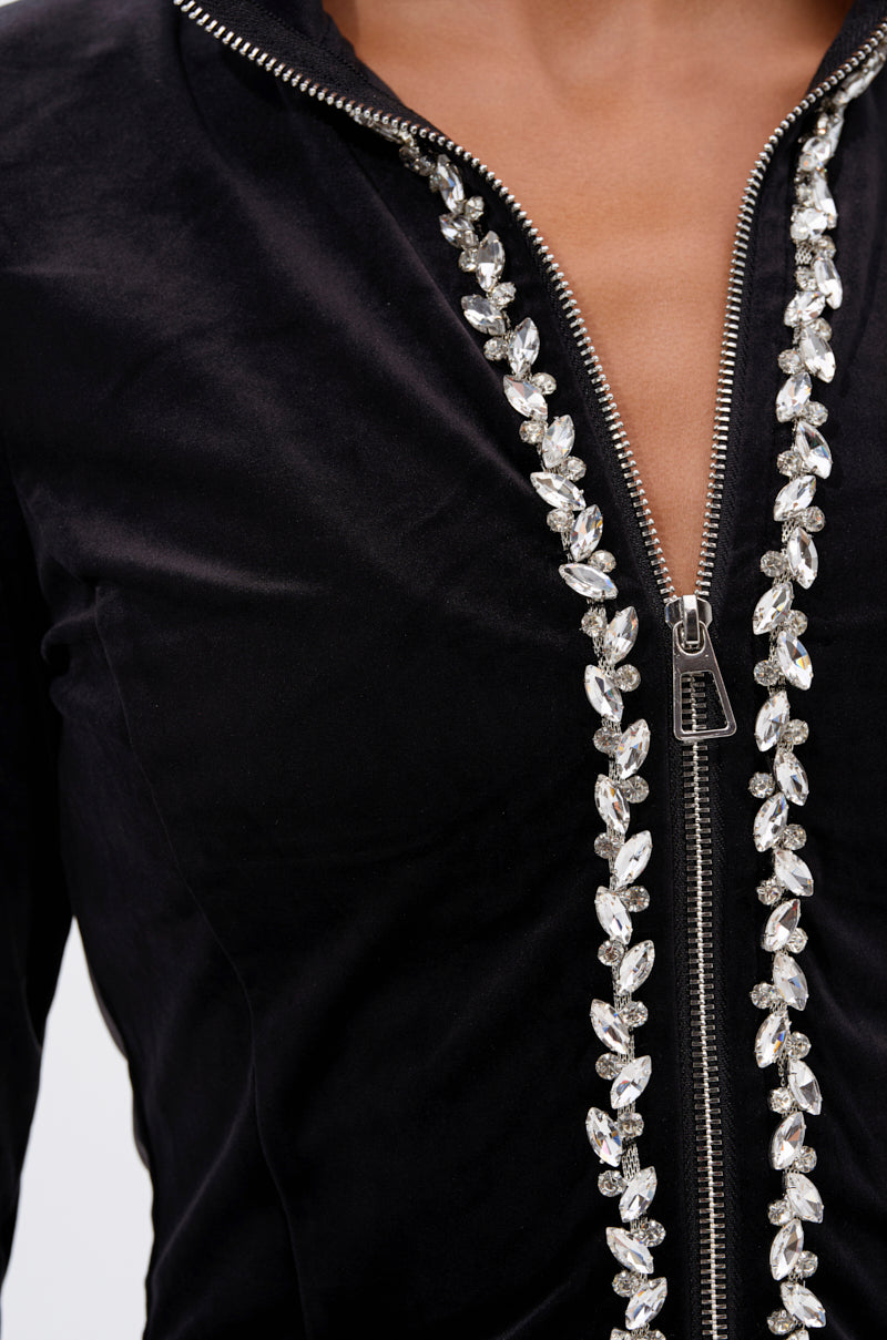DARA RHINESTONE MOCK NECK ZIP-UP SWEATSHIRT