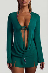 Bead-Embellished Cowl-Neck Sheer Mini Dress in Jade Green