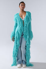 BURRR IT'S COLD OUTSIDE FRINGE OVERSIZED SWEATER IN TURQUOISE