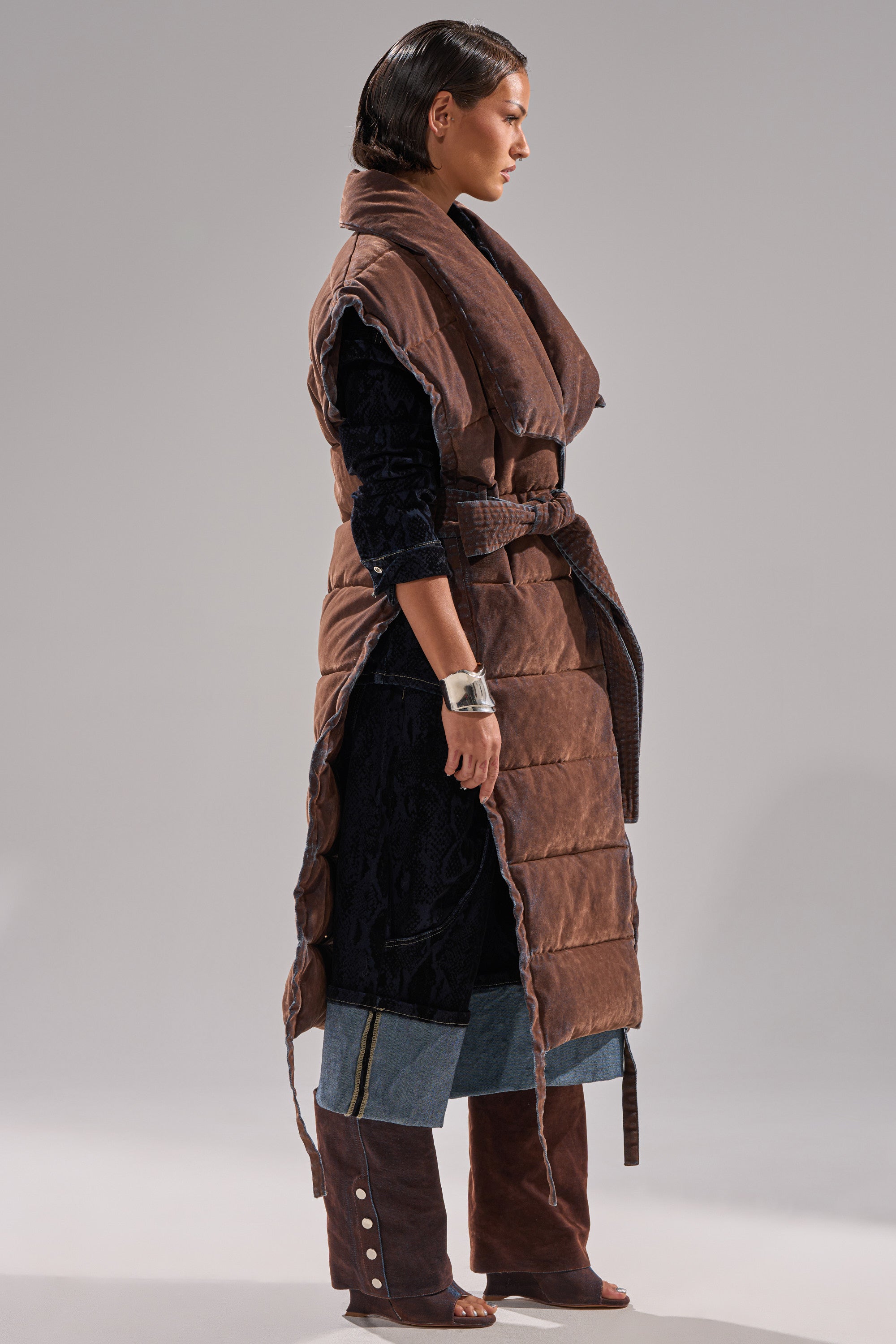 PILOT JONES LONGLINE PUFFER VEST IN VELVET DENIM