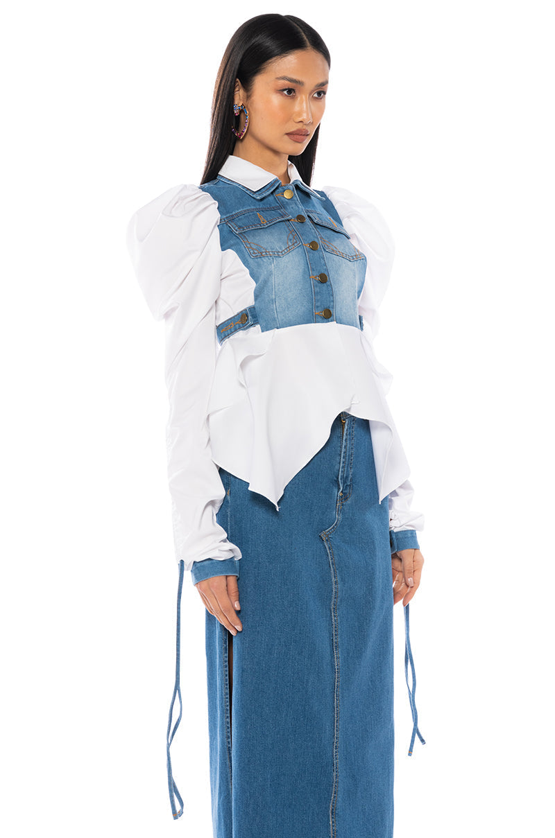 HER DENIM TOP WITH SATIN CONTRAST