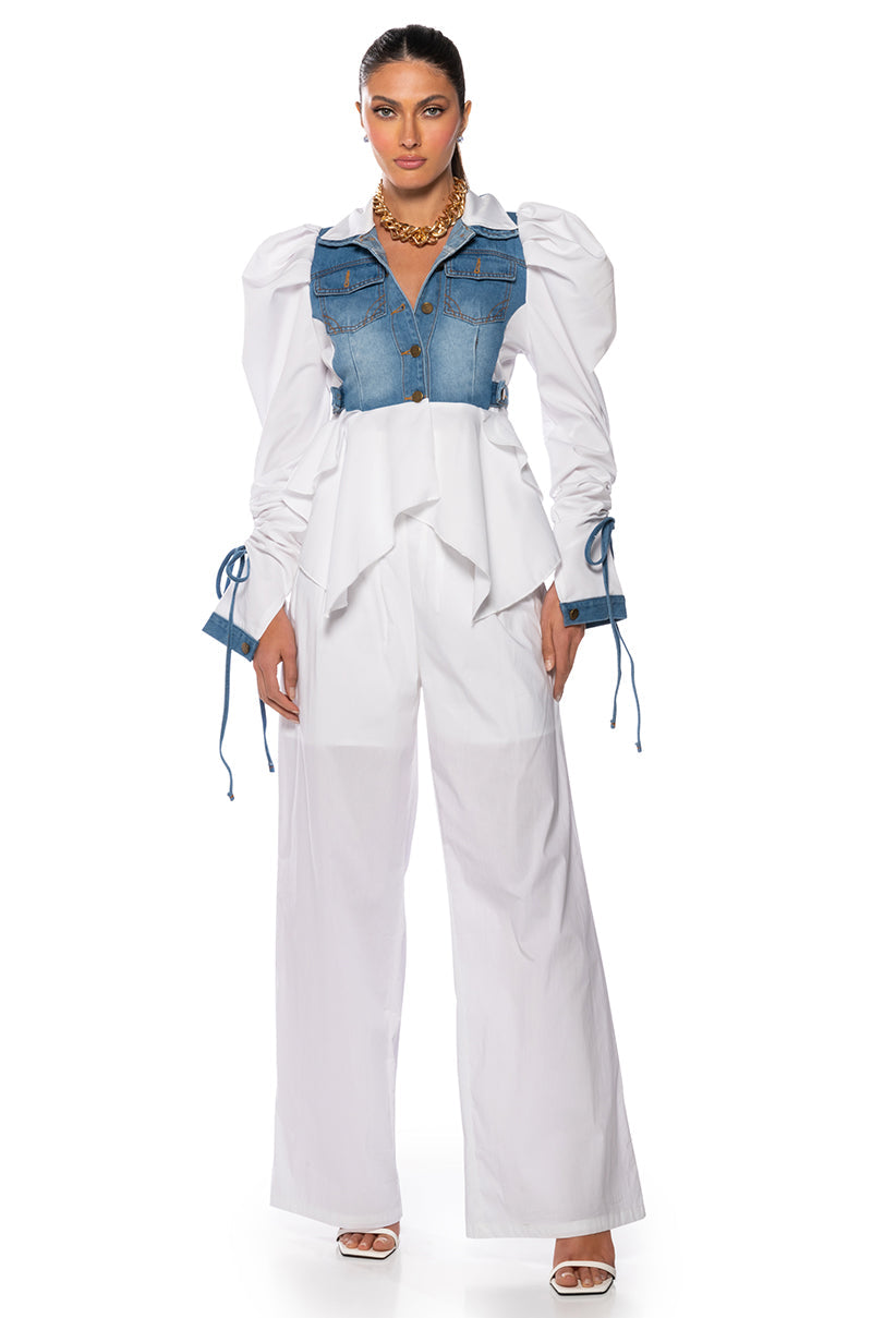 HER DENIM TOP WITH SATIN CONTRAST