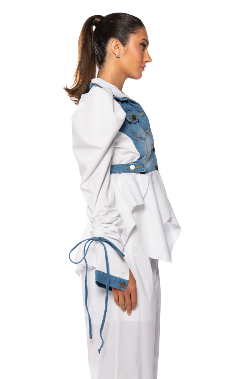 HER DENIM TOP WITH SATIN CONTRAST