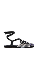 AZALEA WANG NELSIE BLACK EMBELLISHED LACE UP FLAT