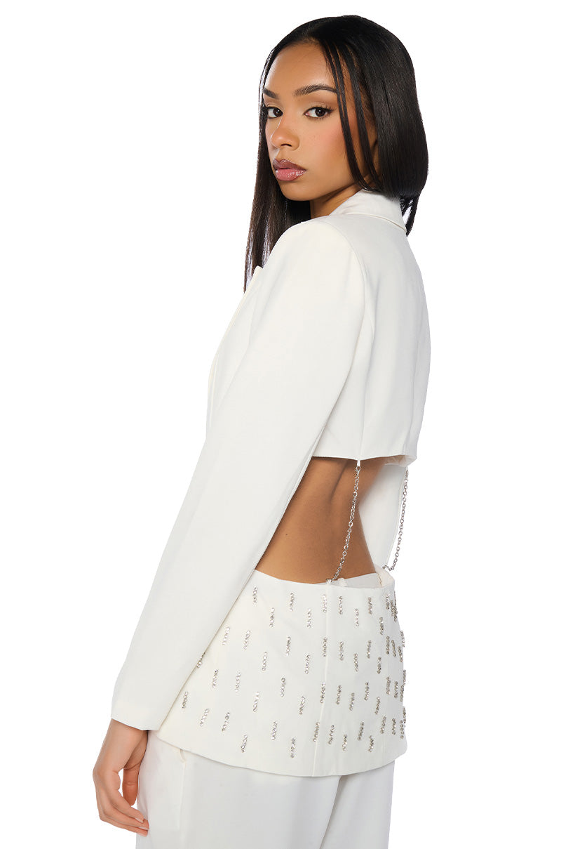 BACK CUT RHINESTONE BLAZER IN WHITE